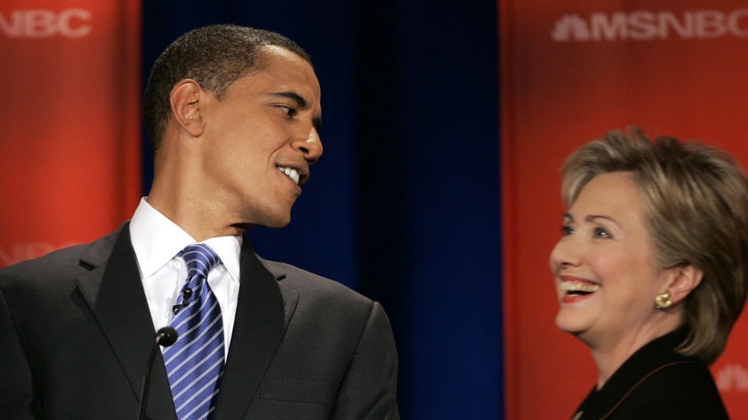 Presidential hopefuls Barack Obama and Hillary Clinton at the Democratic candidates debate at Drexel University in Philadelphia, October 2007.