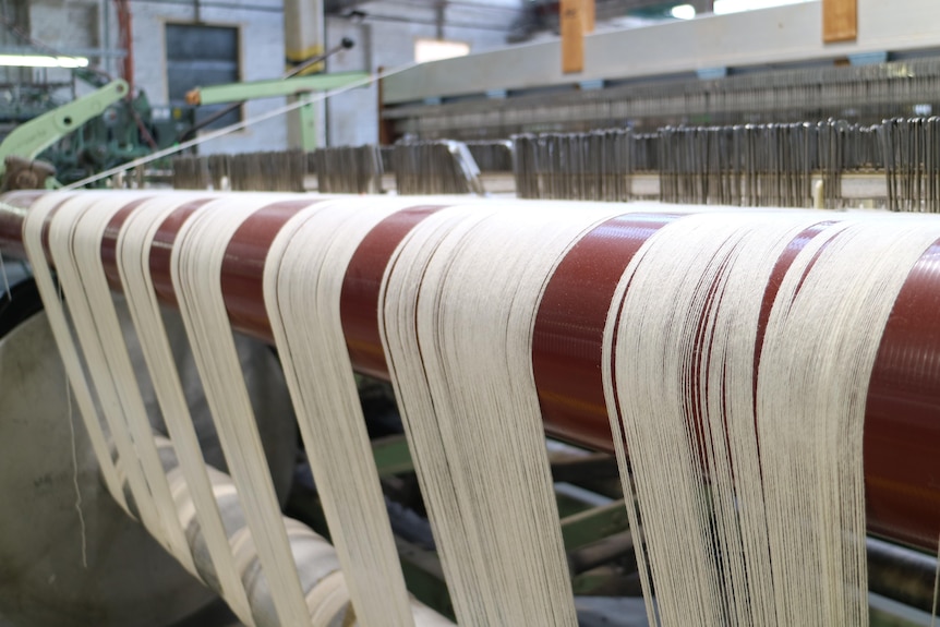 a textile machine inside a factory spins strips of white threads