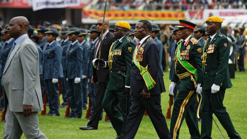President Emmerson Mnangagwa inspects the military parade.