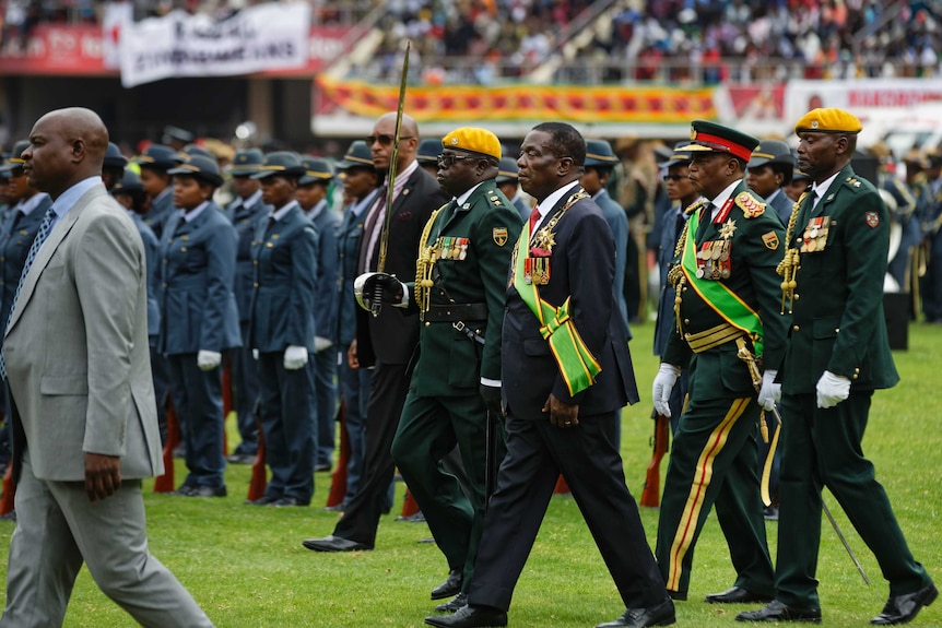 President Emmerson Mnangagwa inspects the military parade.