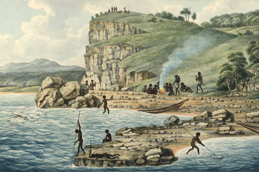 Aborigines spearing fish, others diving for crayfish, a party seated beside a fire cooking ish