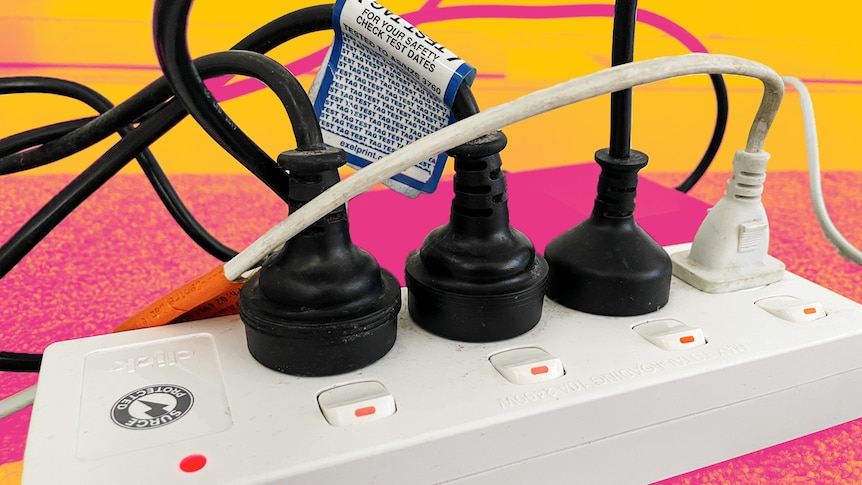 A power board full of plugs, with a pink background.