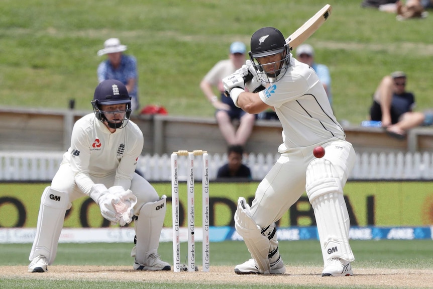A New Zealand batsman watches the ball like a hawk as he prepares to smash it on the on-side.