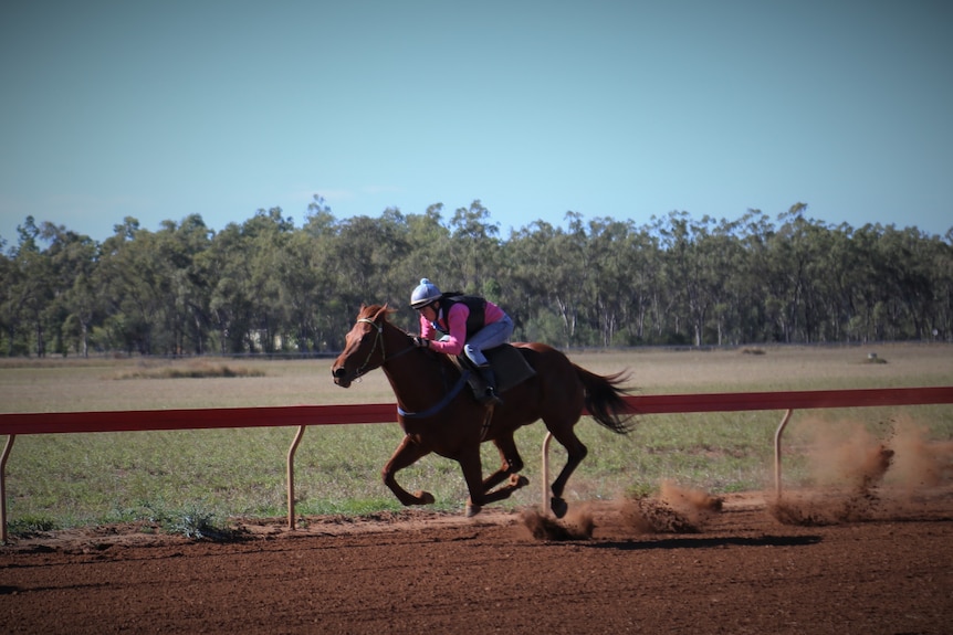 A horse with a female jockey on top sprints down the grassy race track at Clermont