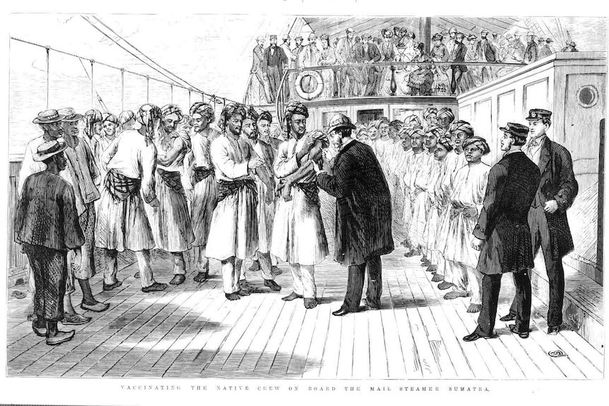 A print of sailors being vaccinated against smallpox on a 19th century steamship.