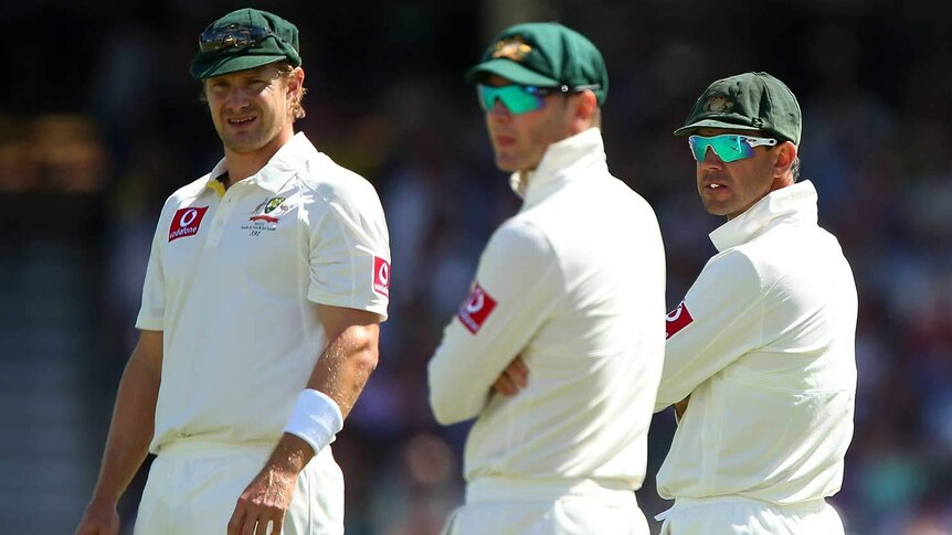 What to do? Shane Watson, Michael Clarke and Ricky Ponting look on.