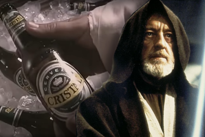 composite of Cerveza Cristal bottle pulled from ice chest and Obi-Wan Kenobi from 1977's Star Wars