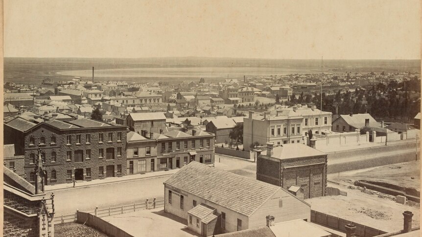 A vintage photo showing William Street looking north west from Lonsdale Street from December1869.