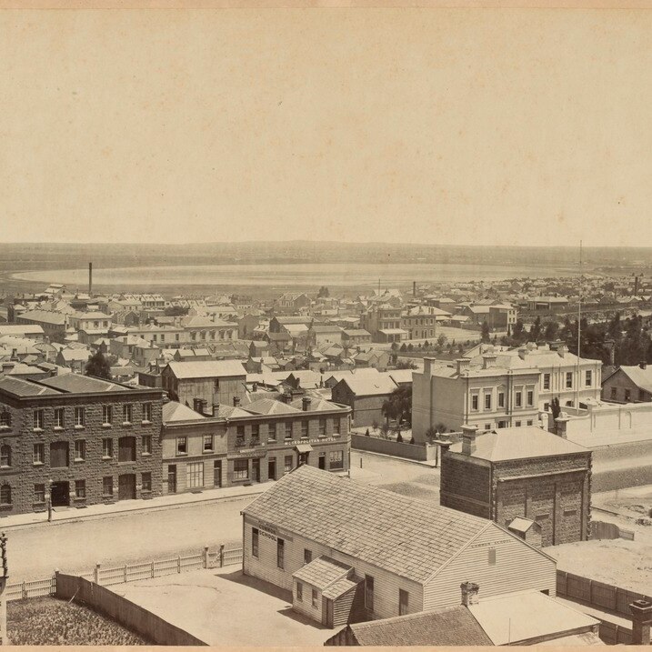 A vintage photo showing William Street looking north west from Lonsdale Street from December1869.