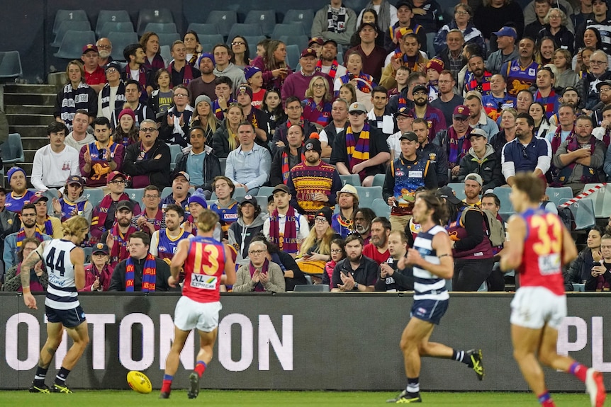 Brisbane Lions supporters watch an AFL match at Kardinia Park against Geelong.