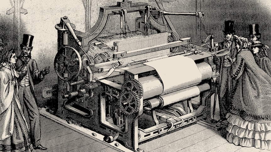 A black and white illustration of a large metal machine designed to weave fabrics automatically. 