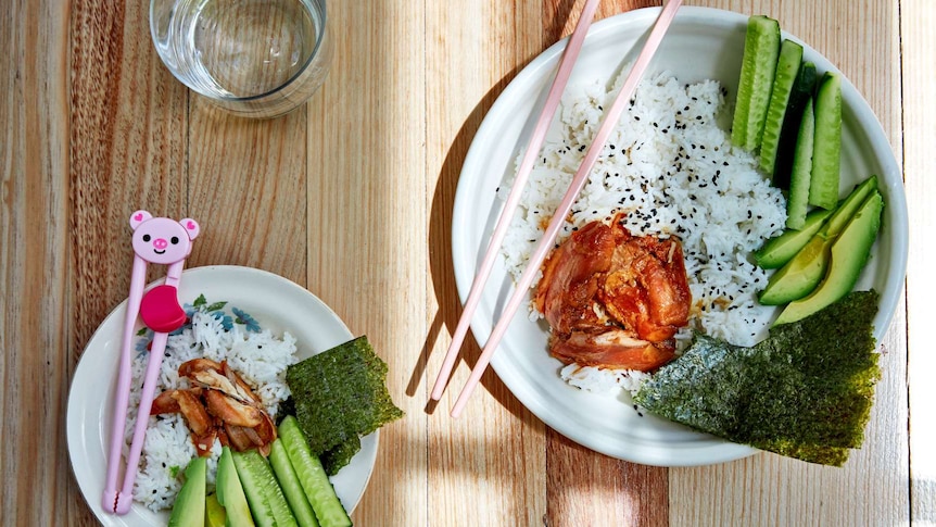 A kids and adults serving of a teriyaki chicken bowl, a nutritious and easy family dinner recipe.