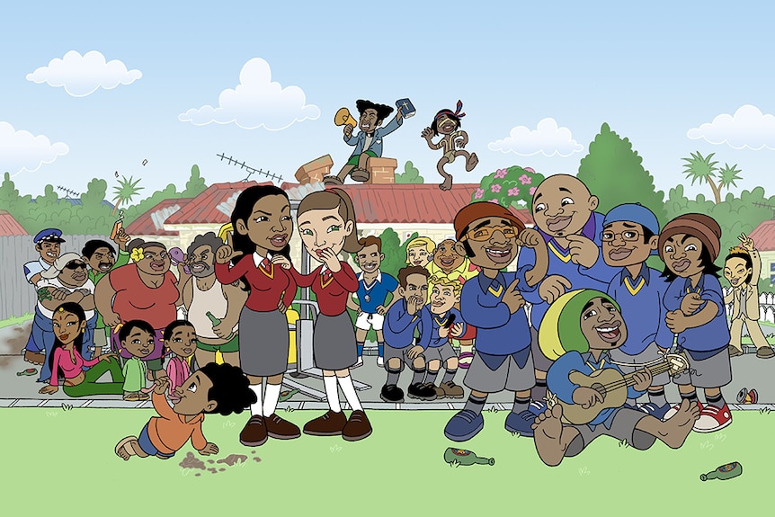 A group of school kids stand in front of assorted characters in suburban street near house in illustrated scene.