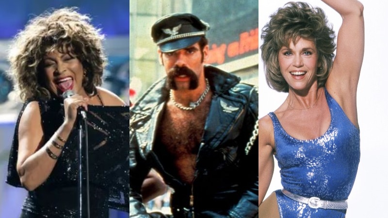 montage of balck woman with big hair singing, man in leather clothes with big moustache and woman with arm raised in leotard