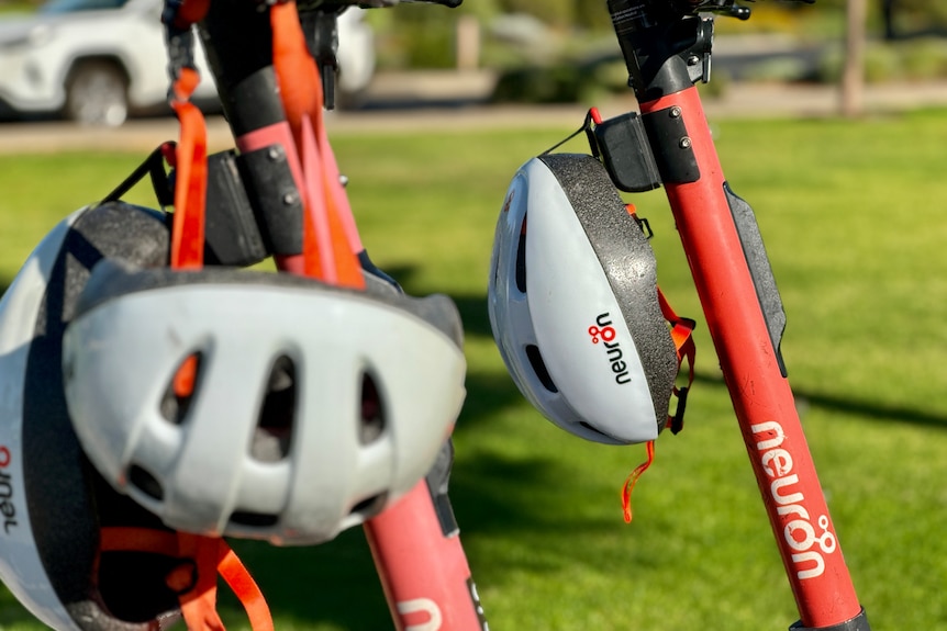 A close up of Neuron E-scooters in a park in Busselton.