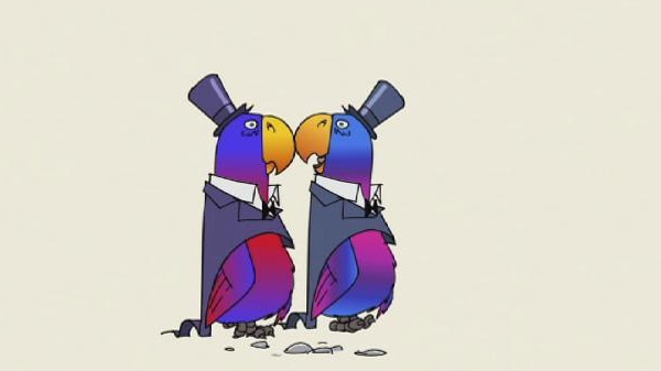 An illustration of two parrots in suits and top hats
