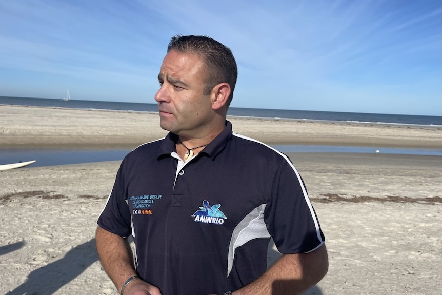 A man with dark hair in a navy blue polo shirt with logos on stands on the beach