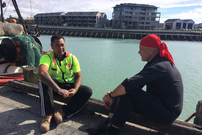 Ko Haapu sits with Peter FitzSimons.