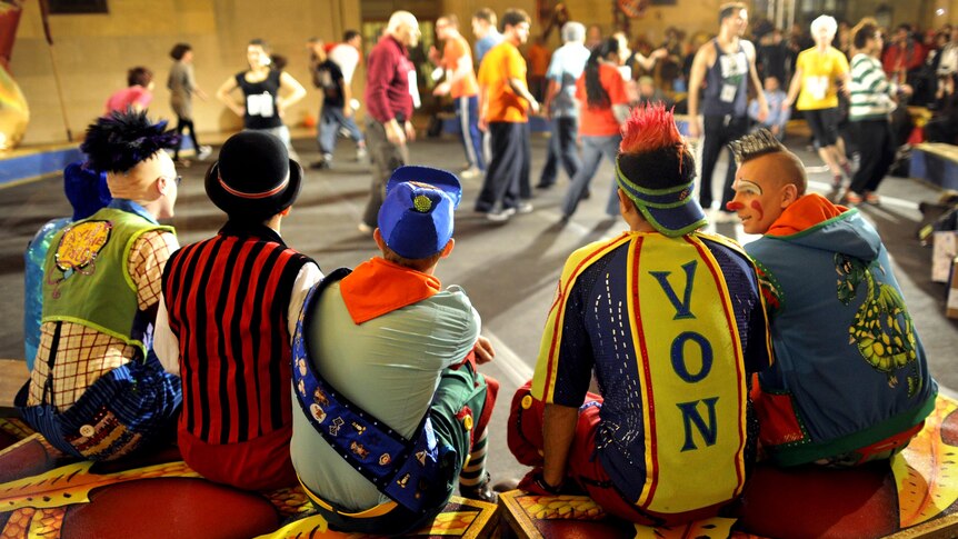 Clowns look on at the Ringling Bros and Barnum & Bailey clown auditions.
