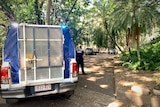 Two police vans out the tree-lined entrance to a park.