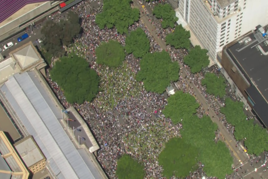 An aerial view of a large crowd gathering in Melbourne CBD.