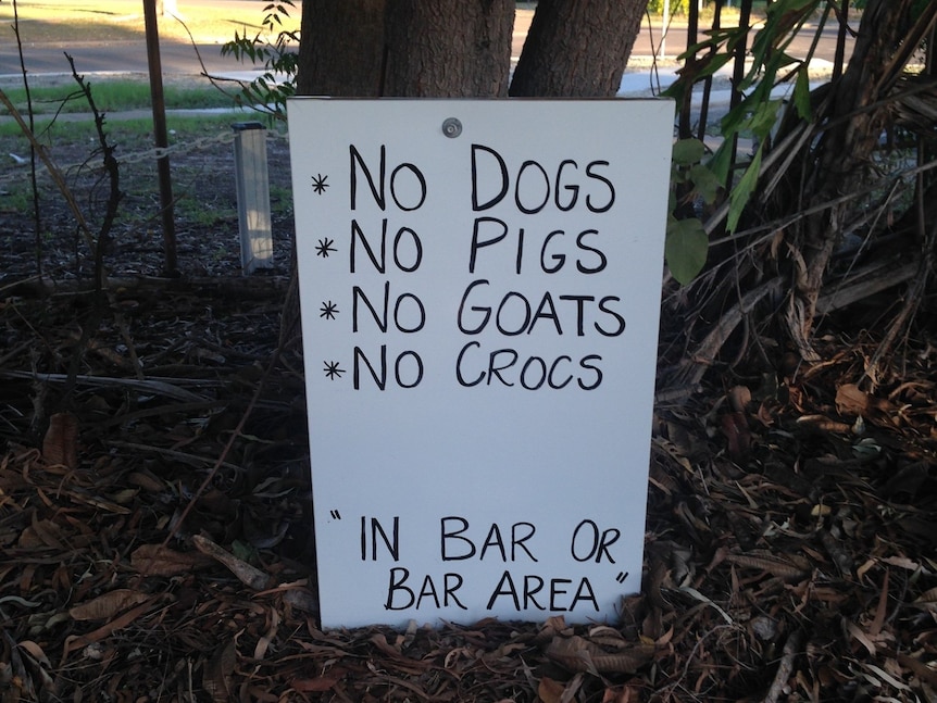 Handwritten sign resting on a tree trunk. Sign reads "No dogs, no pigs, no goats, no crocs - in bar or bar area"