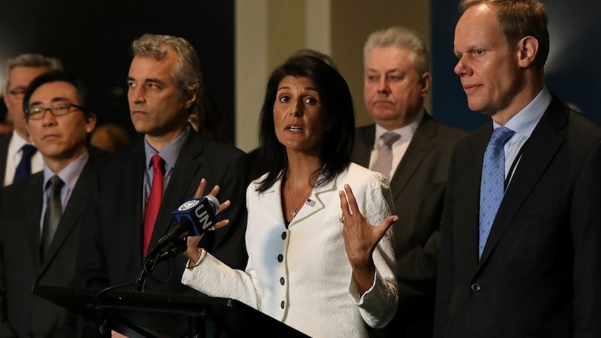 US ambassador to the United Nations Nikki Haley speaks outside the United Nations.