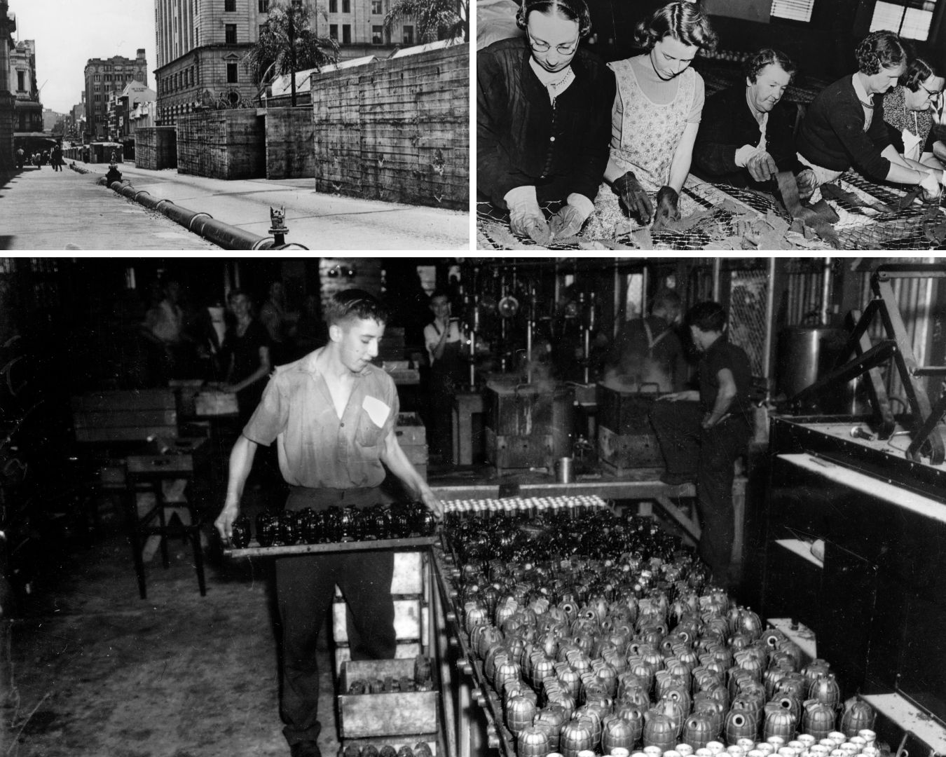 Collage of three black and white images featuring war industry efforts in Brisbane during World War II.