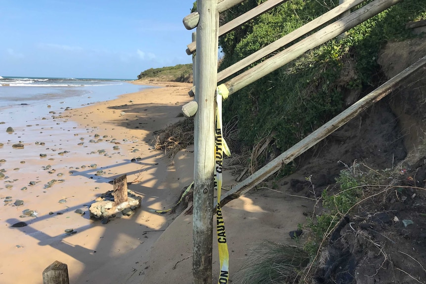 Damaged stairs to the beach at Skenes Creek due to erosion.