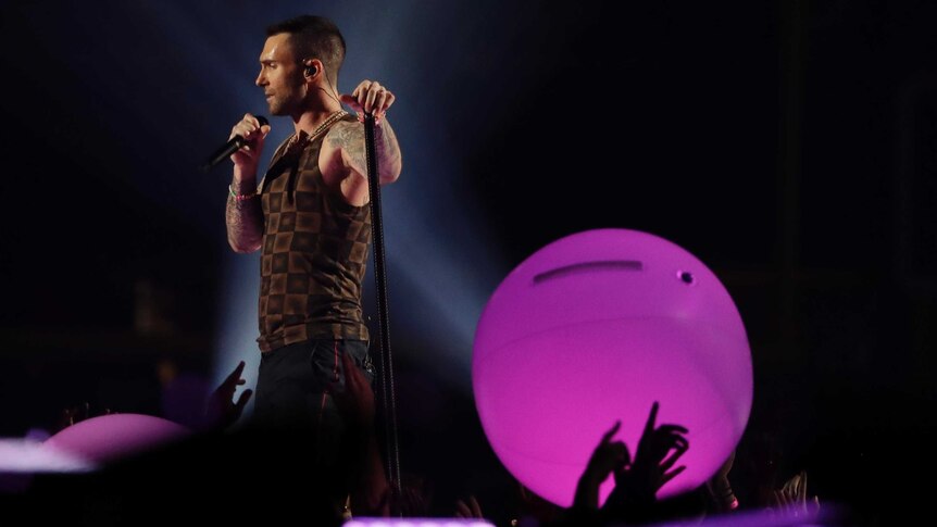 Adam Levine of Maroon 5 performs during half-time of the NFL Super Bowl 53.