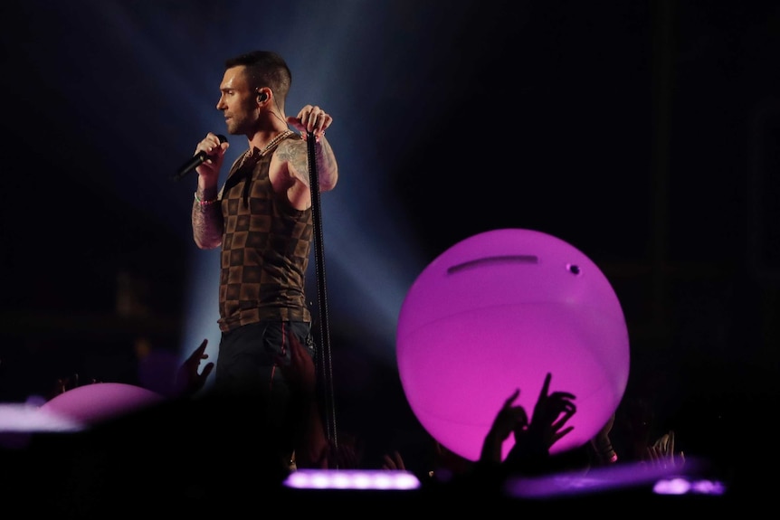 Adam Levine of Maroon 5 performs during half-time of the NFL Super Bowl 53.
