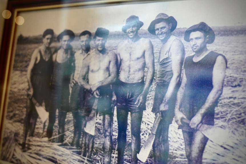 An old photo of a group of seven canecutters in their work gear, some with a shirt or singlet on, others with bare chests