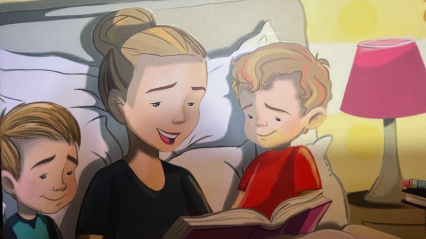 cartoon image of a mum in bed with two kids reading a story