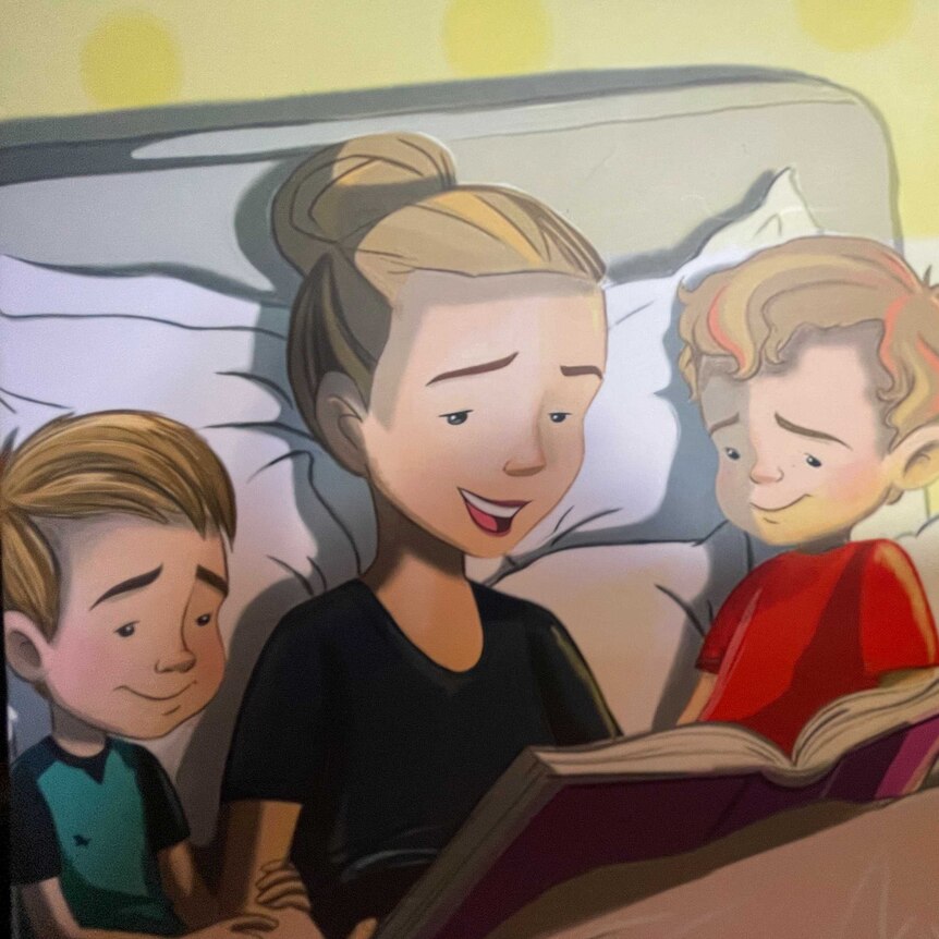 cartoon image of a mum in bed with two kids reading a story