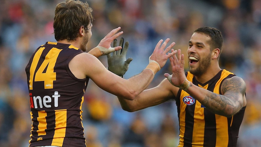 Grant Birchall is congratulated by Lance Franklin in Hawthorn's win over Melbourne at the MCG.