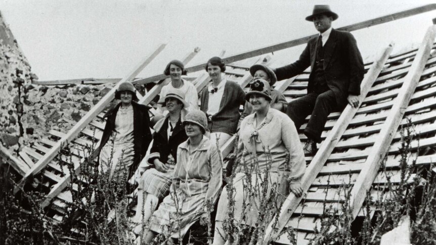 Members of the Mitchelmore and Gill families picnic in the grounds of the former salt factory.