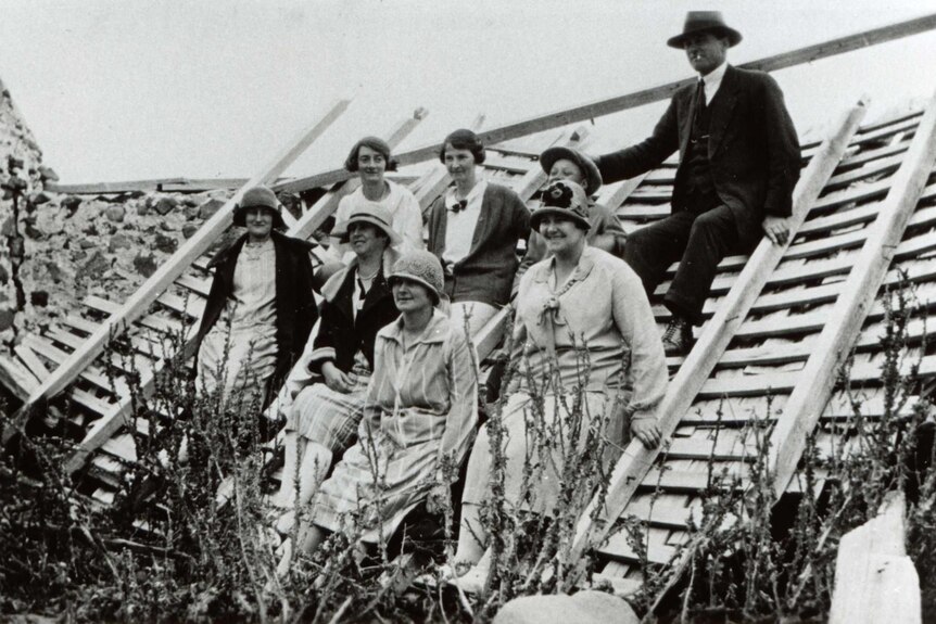 Members of the Mitchelmore and Gill families picnic in the grounds of the former salt factory.