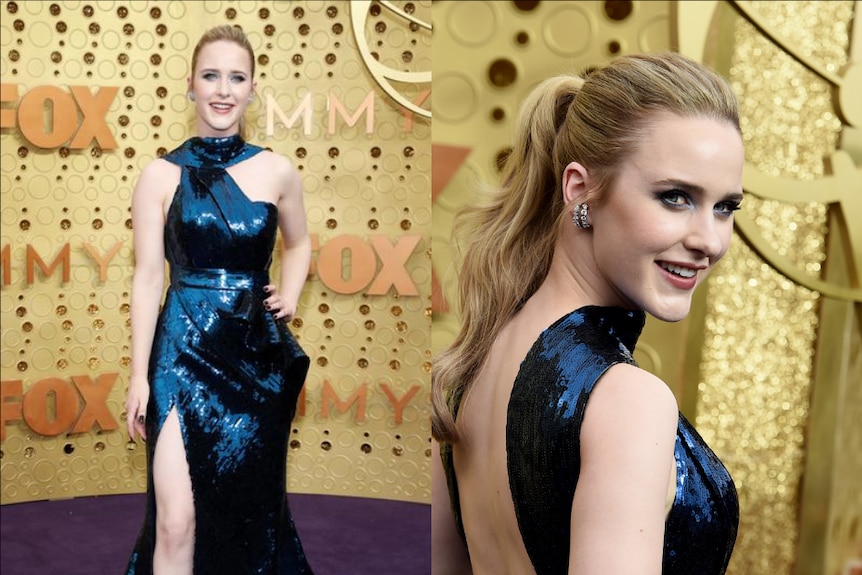 Rachel Brosnahan wears a navy sequined gown and smiles as she poses for the camera in a composite image.