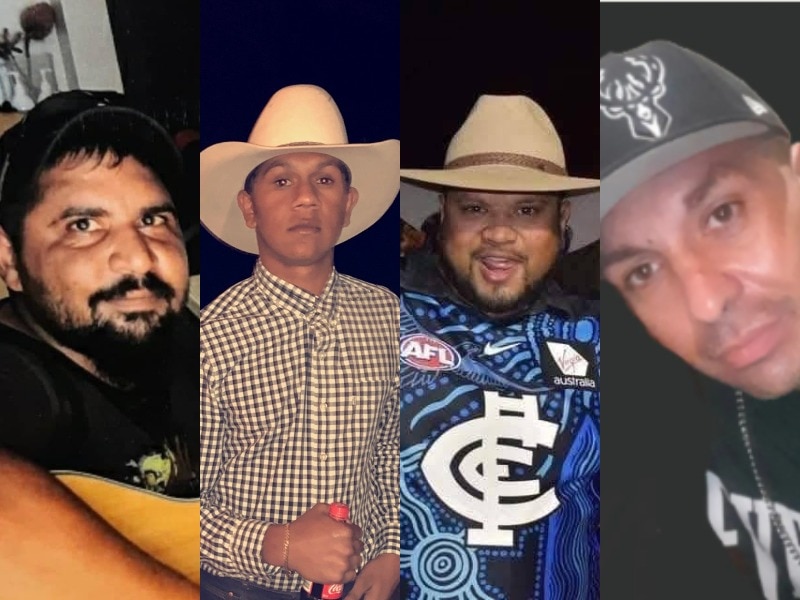 A four-panel image of four young men, two wearing caps and two wearing broad-brimmed hats.