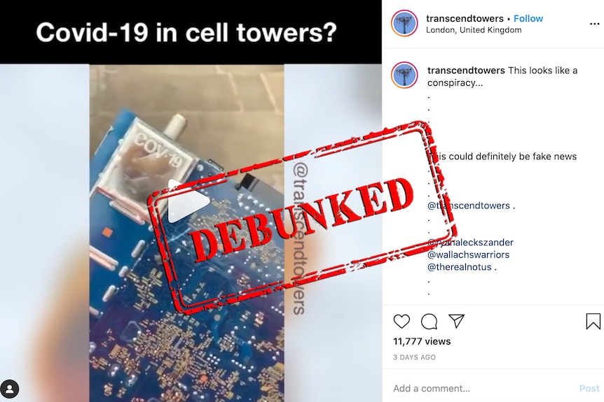 An Instagram post with a video screengrab of a circuit board marked "COV-19" with a large debunked stamp overlayed