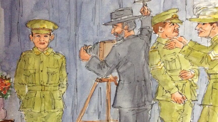 An illustration of Maud Butler being photographed.