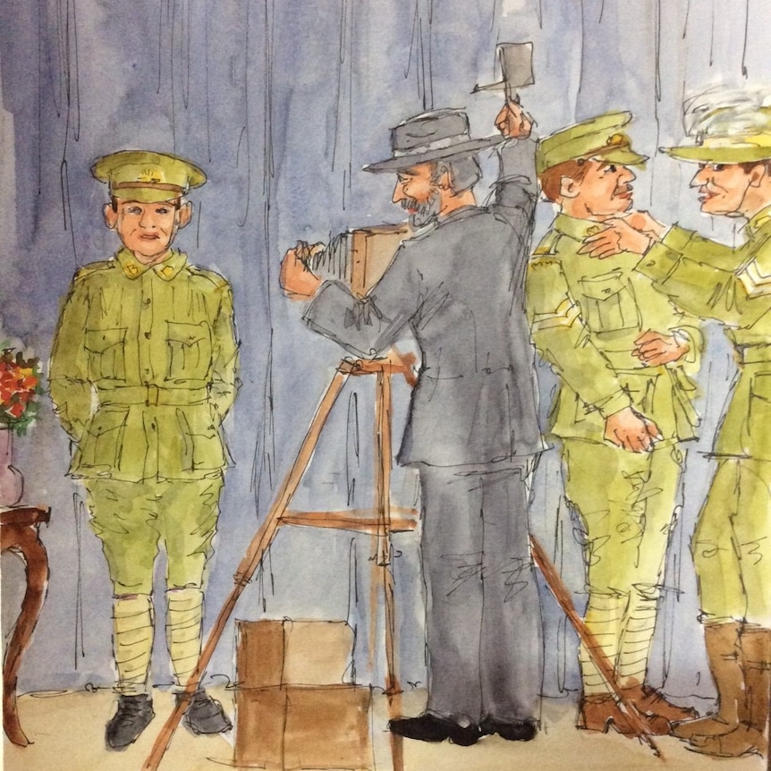 An illustration of Maud Butler being photographed.