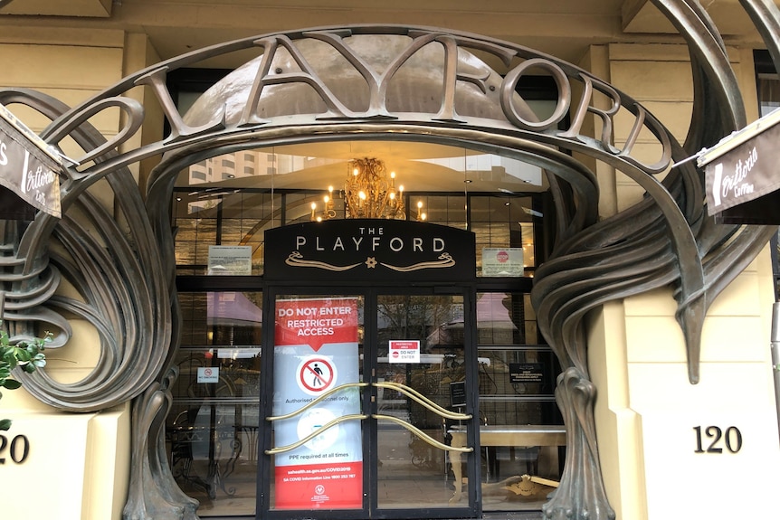 The entrance to the Playford Hotel on Adelaide's North Terrace. 