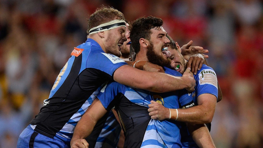 Western Force's Jayden Hayward celebrates the winning try against the Reds at Lang Park in 2014.