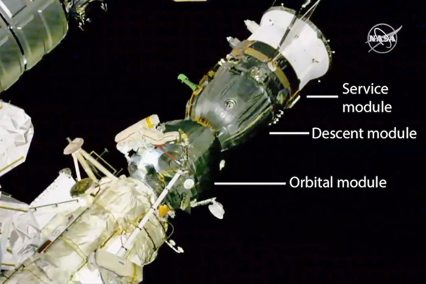 A view of the three modules of the Soyuz, stacked on top of each other.
