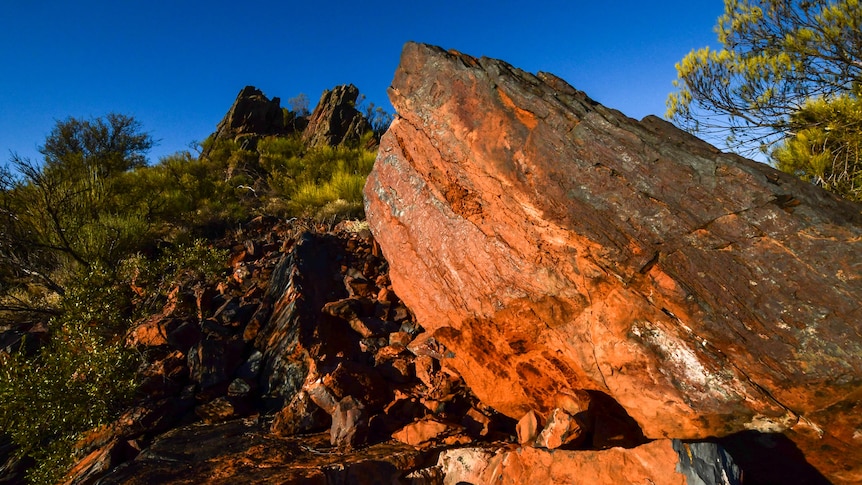 Red coloured rock in a bush landscape, forming part of a ridge.  