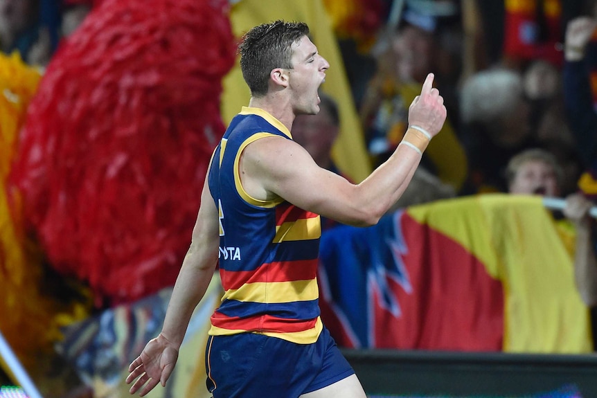 Josh Jenkins celebrates an Adelaide goal