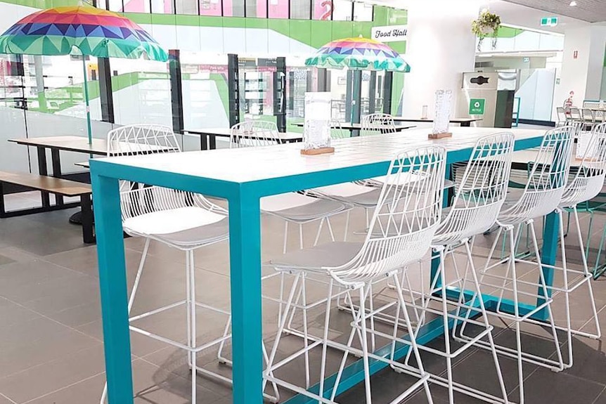 Tables and chairs at the food hall area of the Perth Children's Hospital.