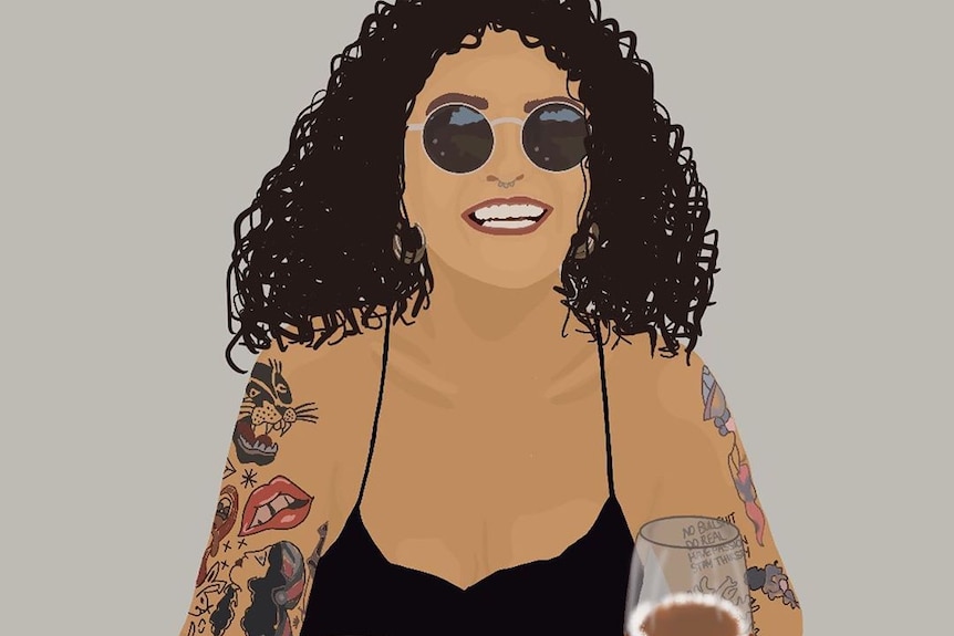 An illustration of a woman holding two drinks, smiling.