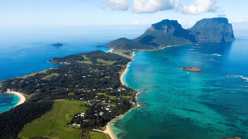 An aerial view of Lord How Island and surrounding turquoise waters.